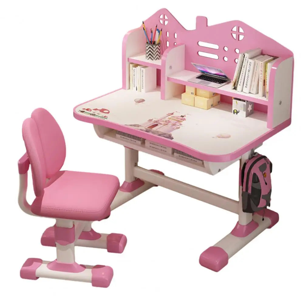 Kids Study Desk Chair Set With Adjustable Height Storage