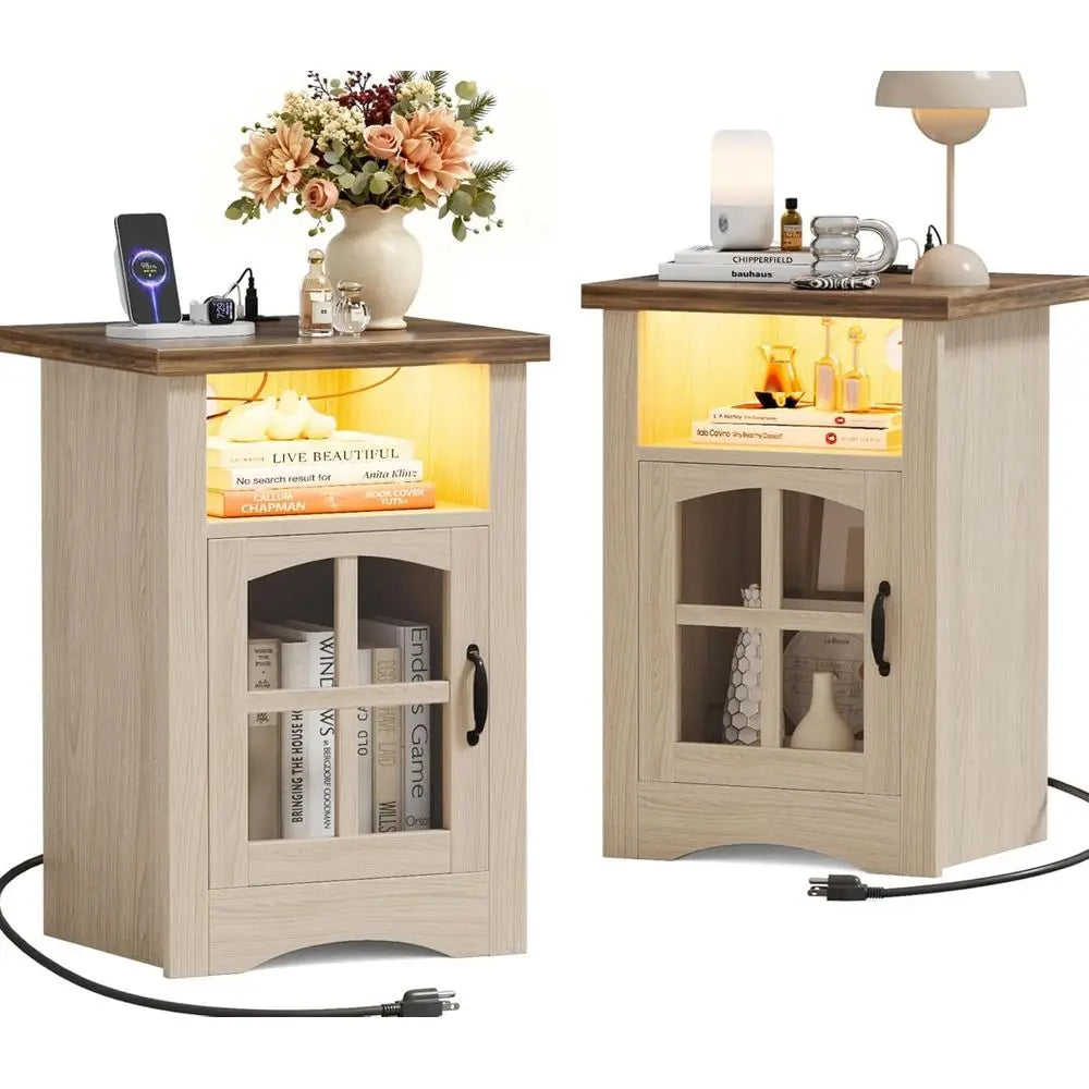 LED Shelf End Table Glass Door Charging Station Nightstand