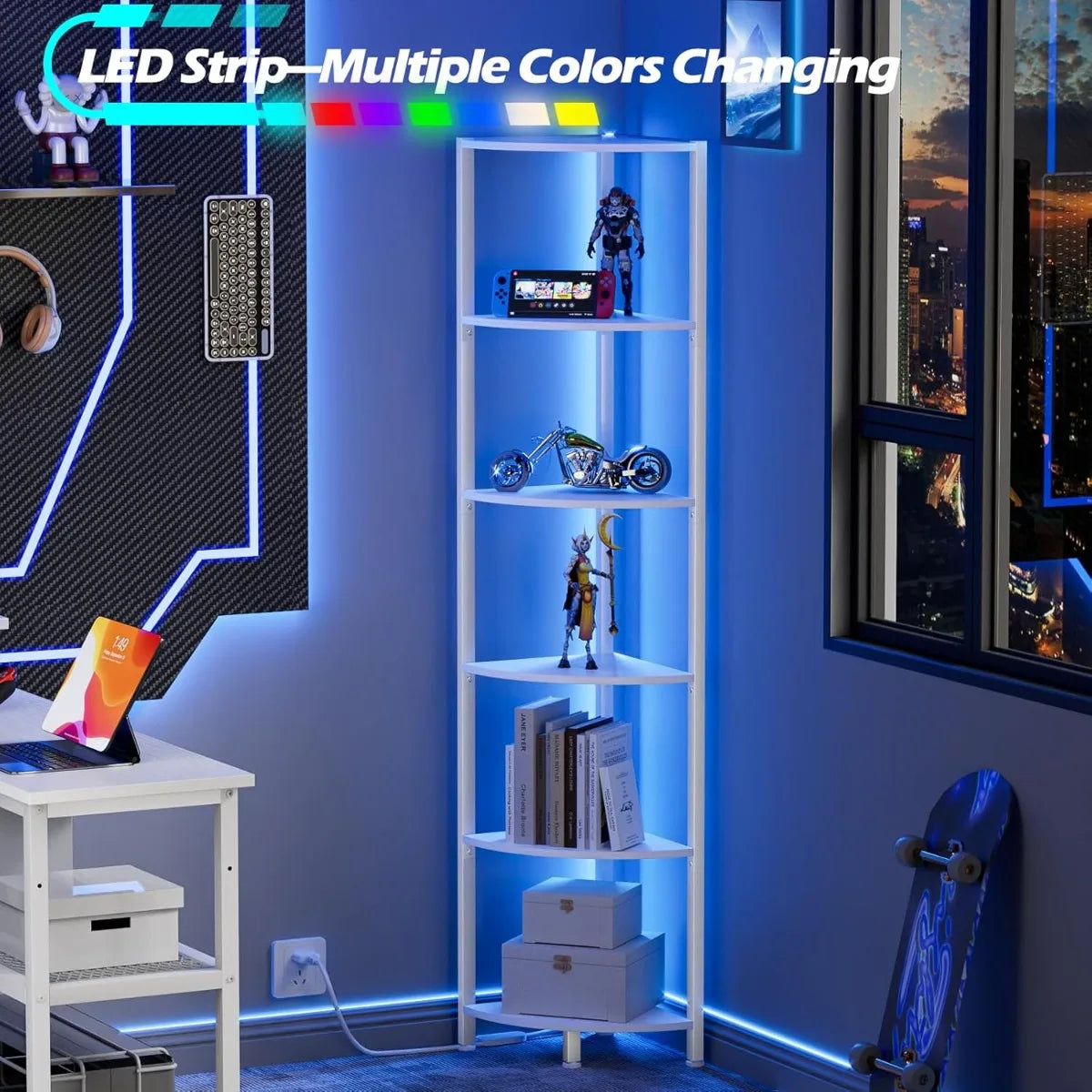 XIUWO Wooden Corner Shelf With LED Light Storage Bookshelf Organizer
