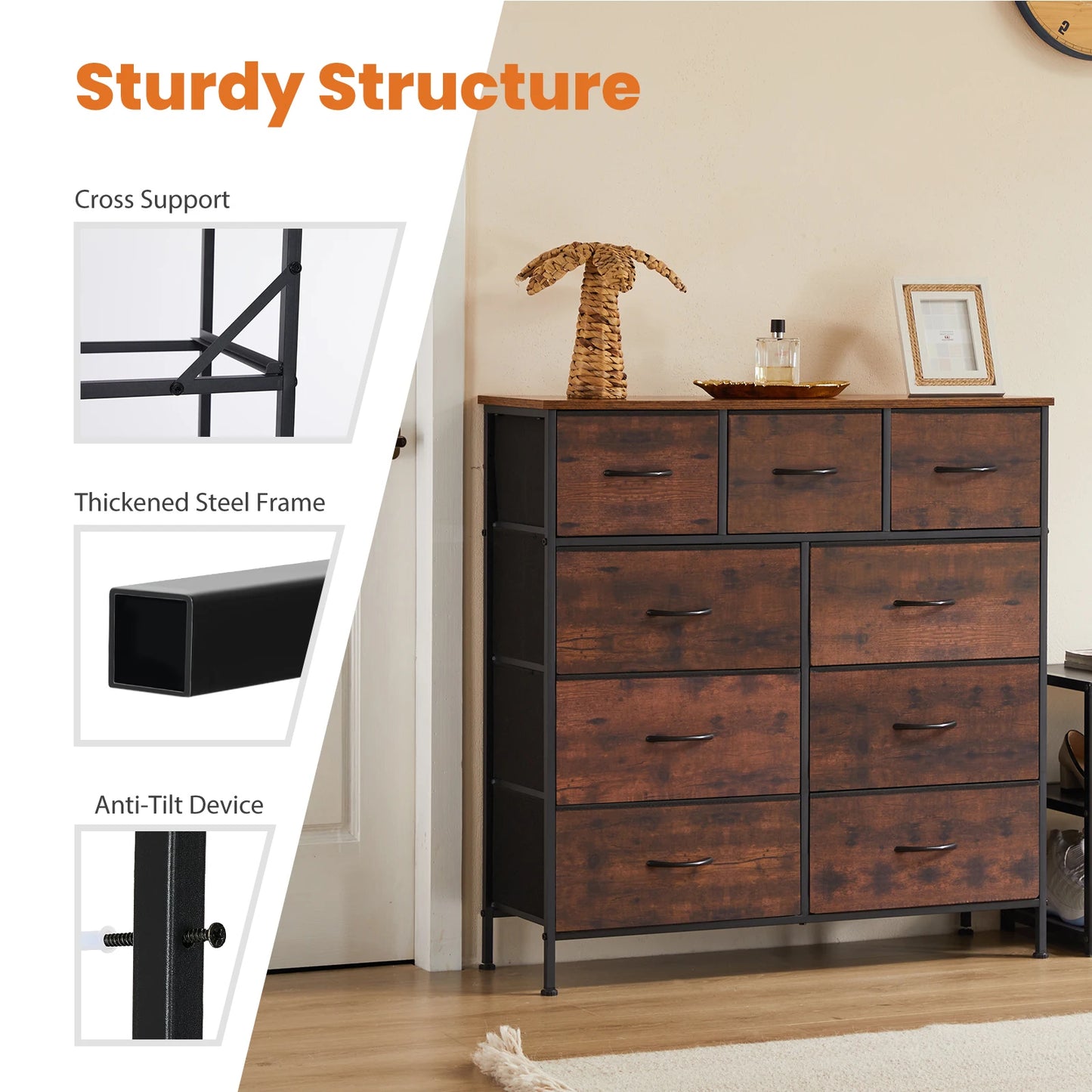JHK Nine Fabric Bedroom Dresser Metal Frame Clothes Organizer Cabinet