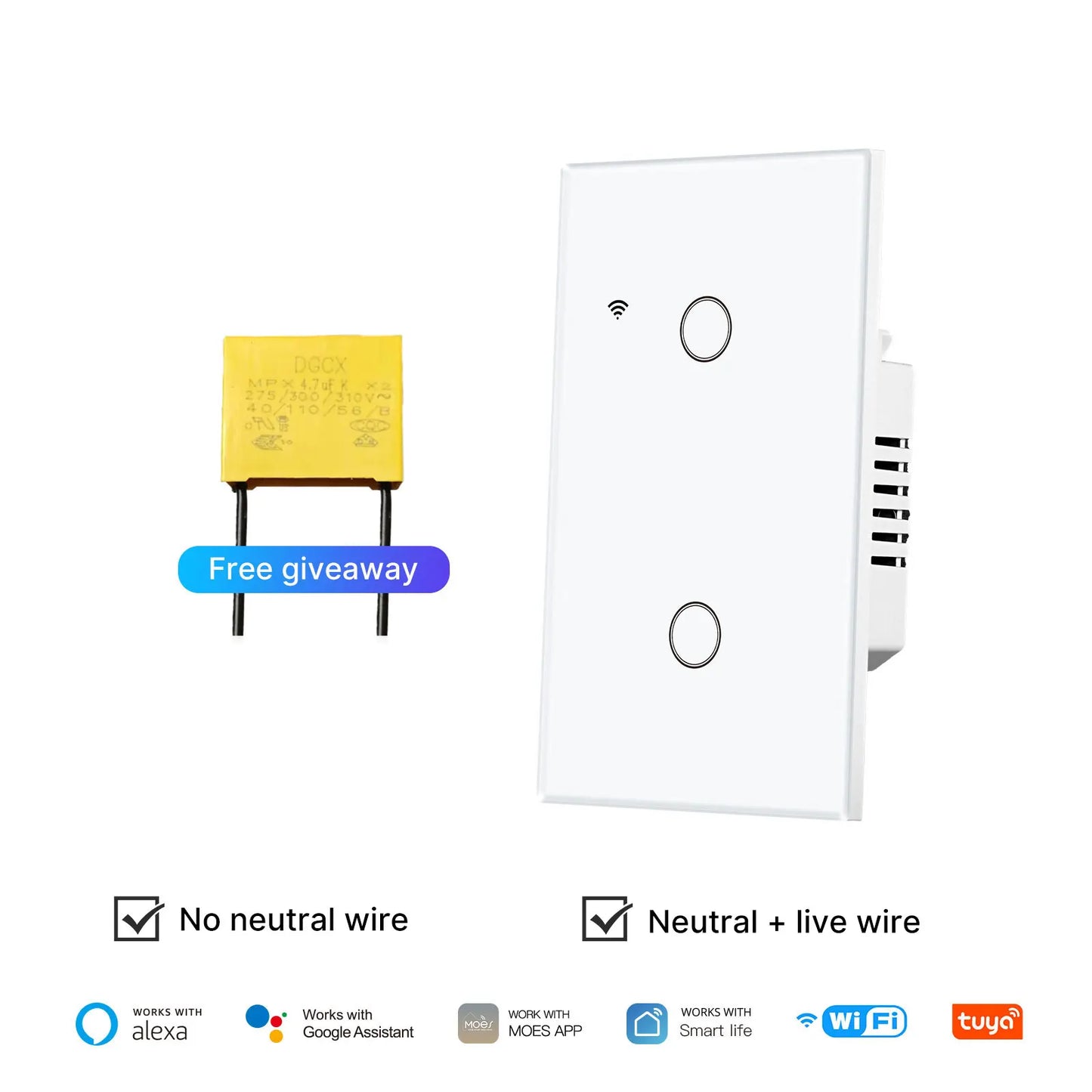 Tuya No Neutral WiFi Smart Glass Light Switch For Alexa And Google Home