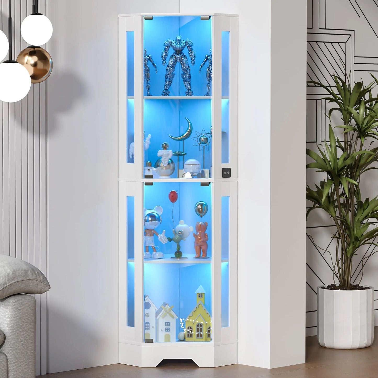 HiMISS Modern Glass Corner Display Cabinet With Lighted Shelves