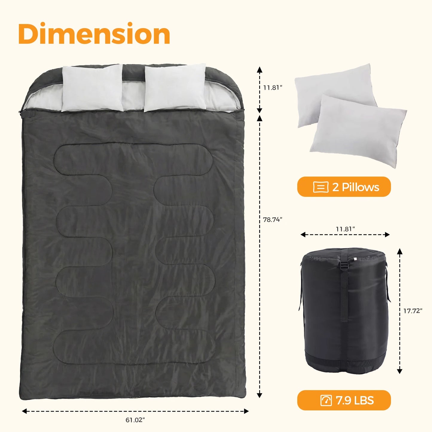Lightweight Double Sleeping Bag With Pillow 3 Season Outdoor Portable