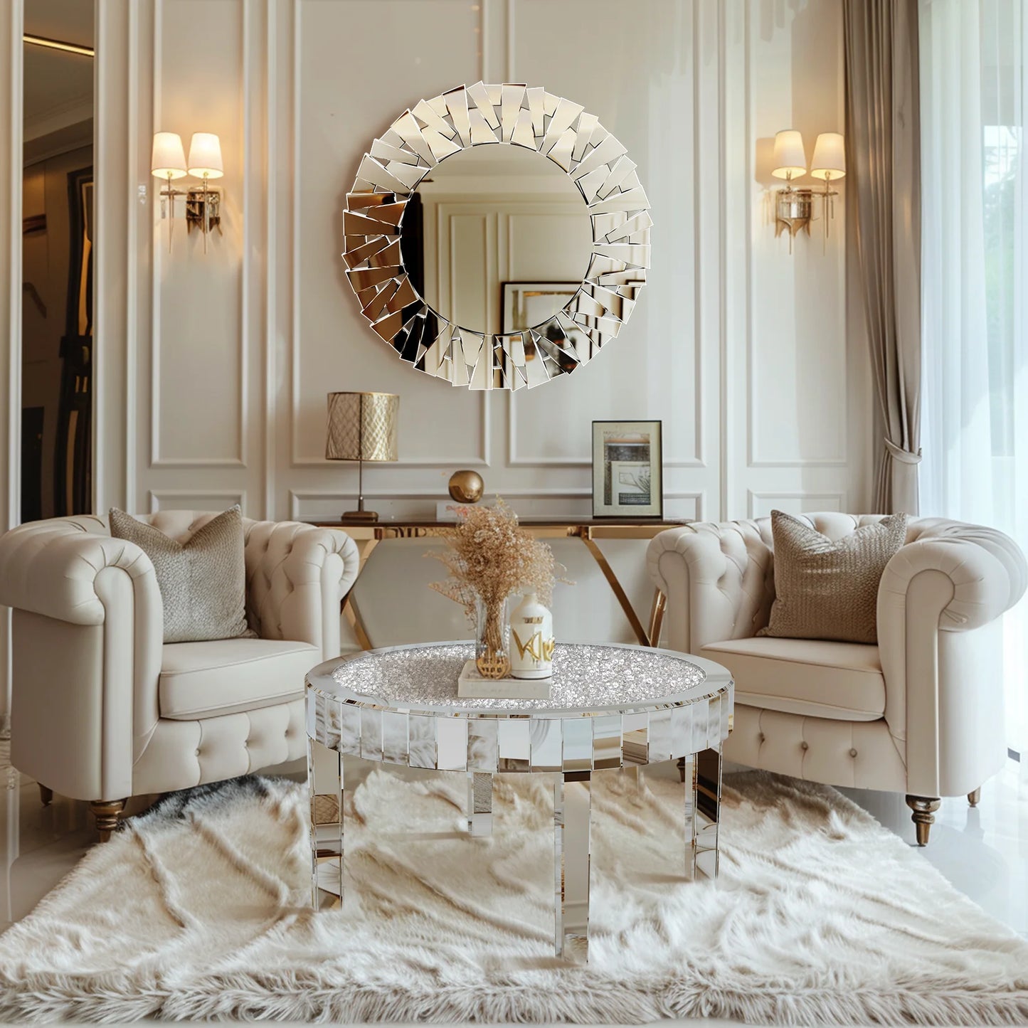 Mirrored Crystal Inlay Coffee Table Modern Round Glass Living Room