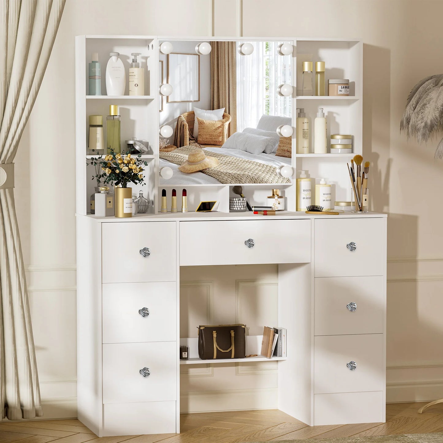 Teousev 7 Drawer Vanity Dressing Table with LED Mirror