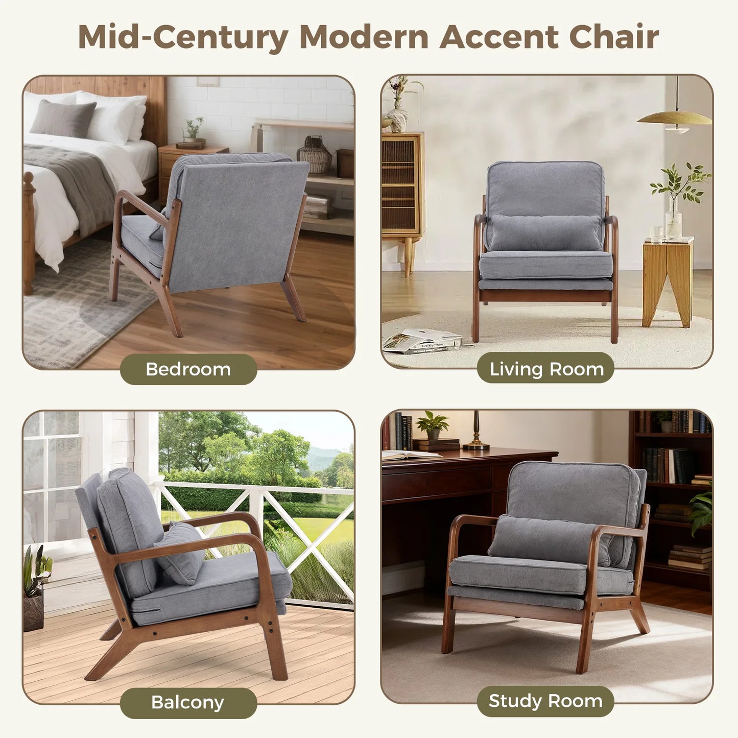 JHK Mid Century Modern Solid Wood Armchair With Upholstered Cushion