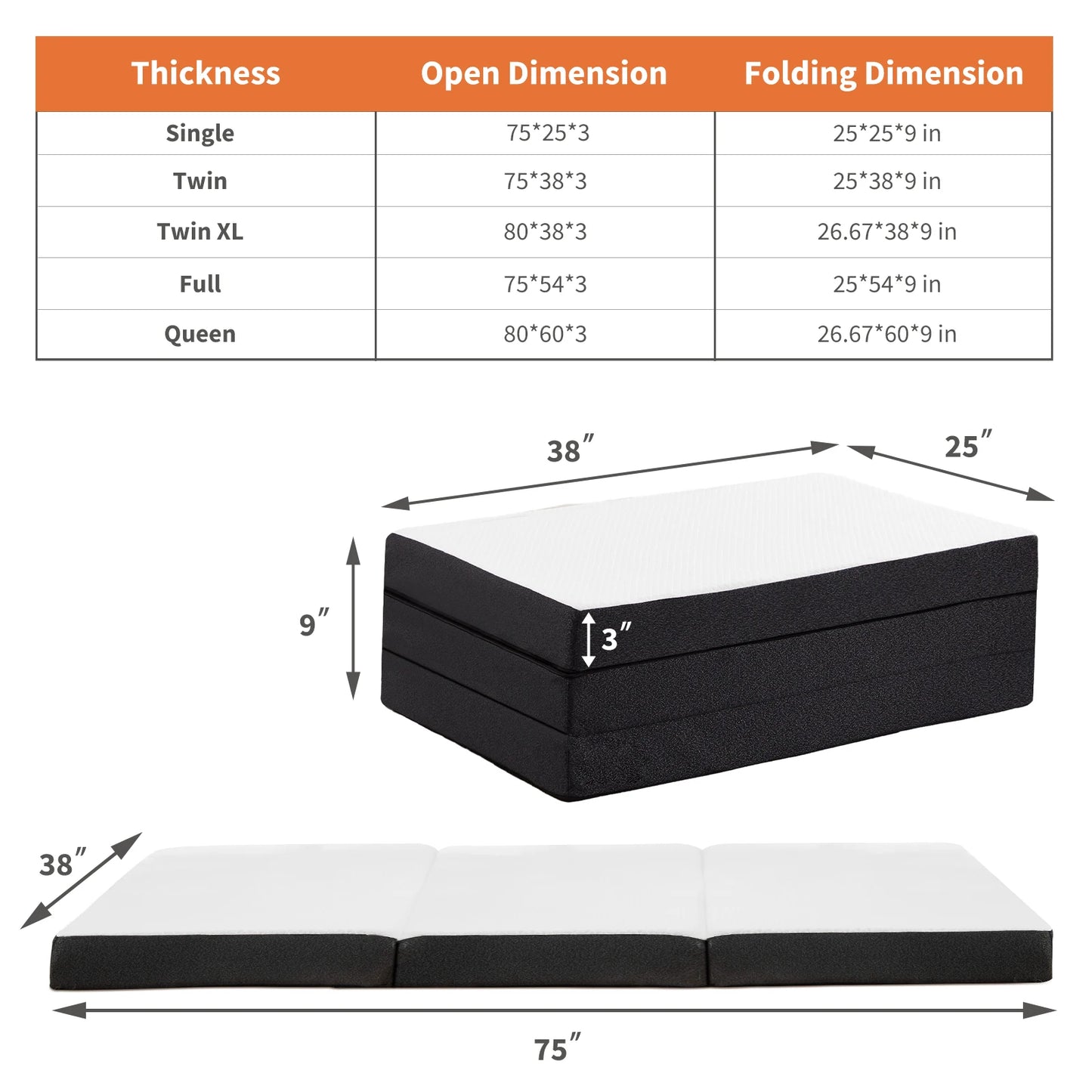 JHK Three Fold Floor Bed CertiPUR US Memory Foam Mattress