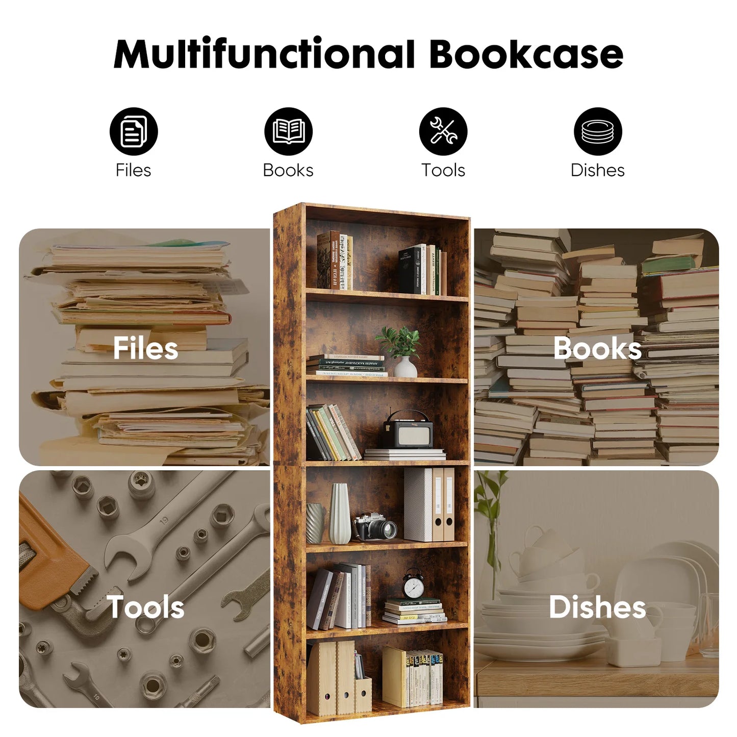 JHK Modern Wooden Bookcase Storage For Living Room Home Office