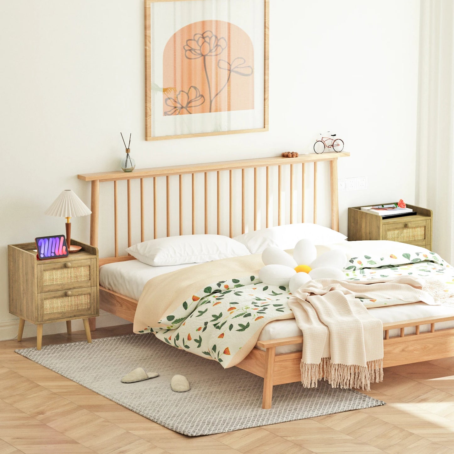 Rustic Rattan Nightstand With Charging Station And Drawers