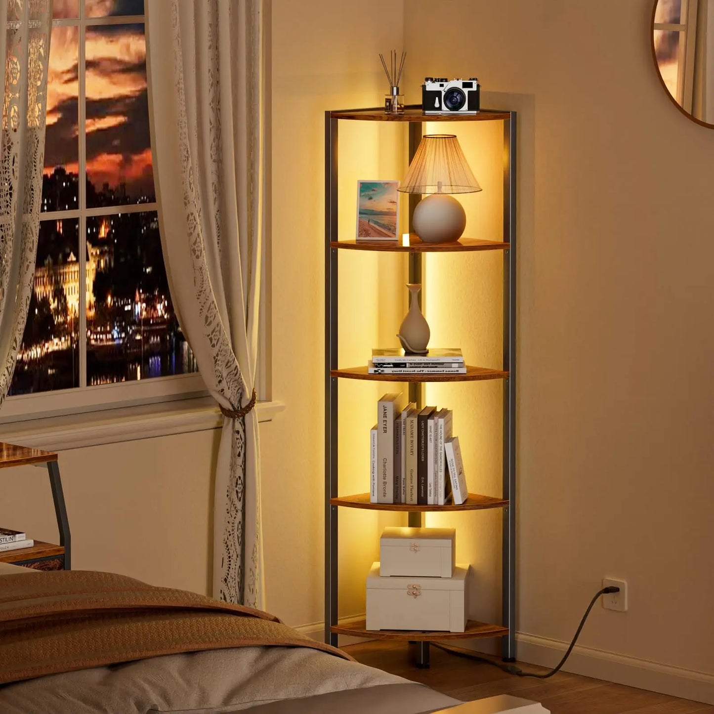 XIUWO Wooden Corner Shelf With LED Light Storage Bookshelf Organizer