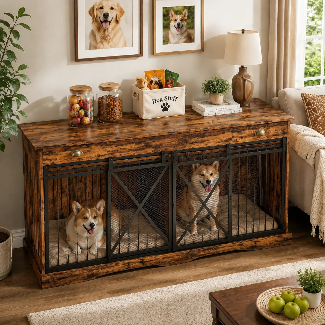 Large Wooden Double Dog Crate Furniture With Divider And Storage
