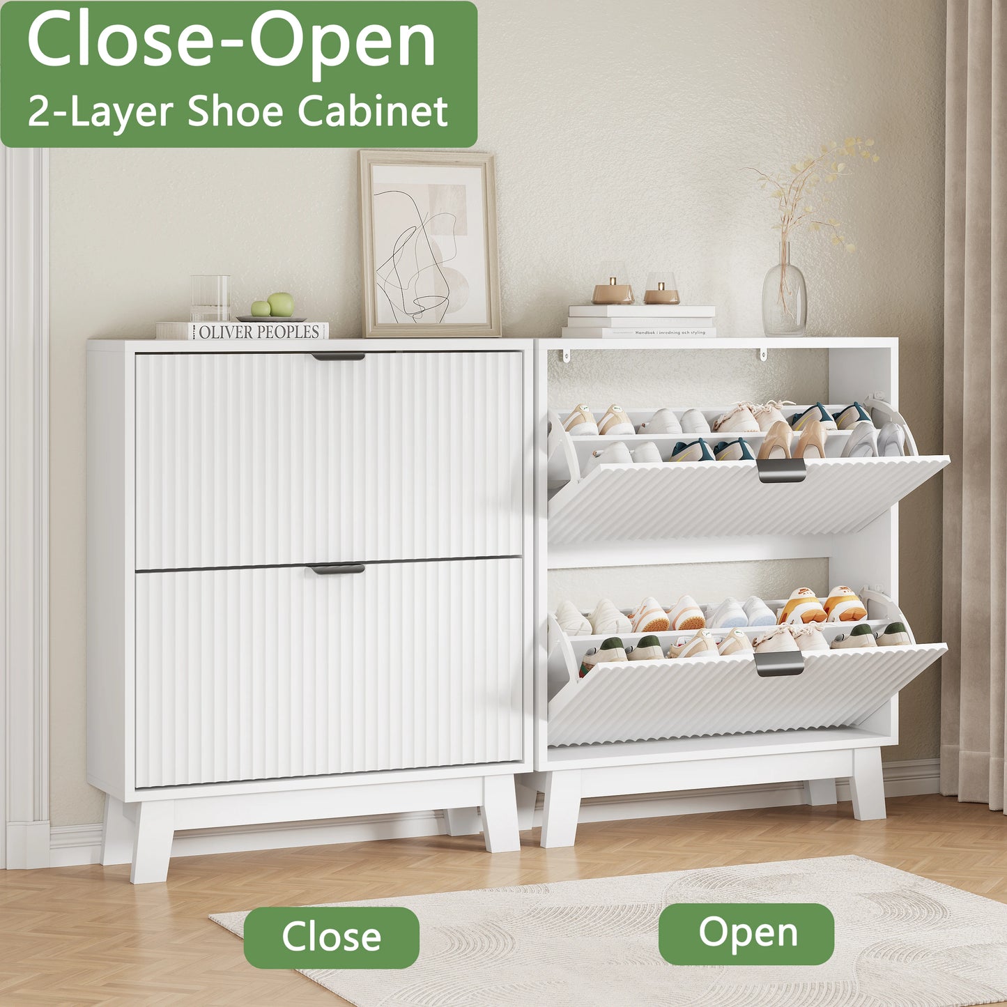 Modern Narrow Wooden Shoe Cabinet Two Flip Drawers Entryway Organizer