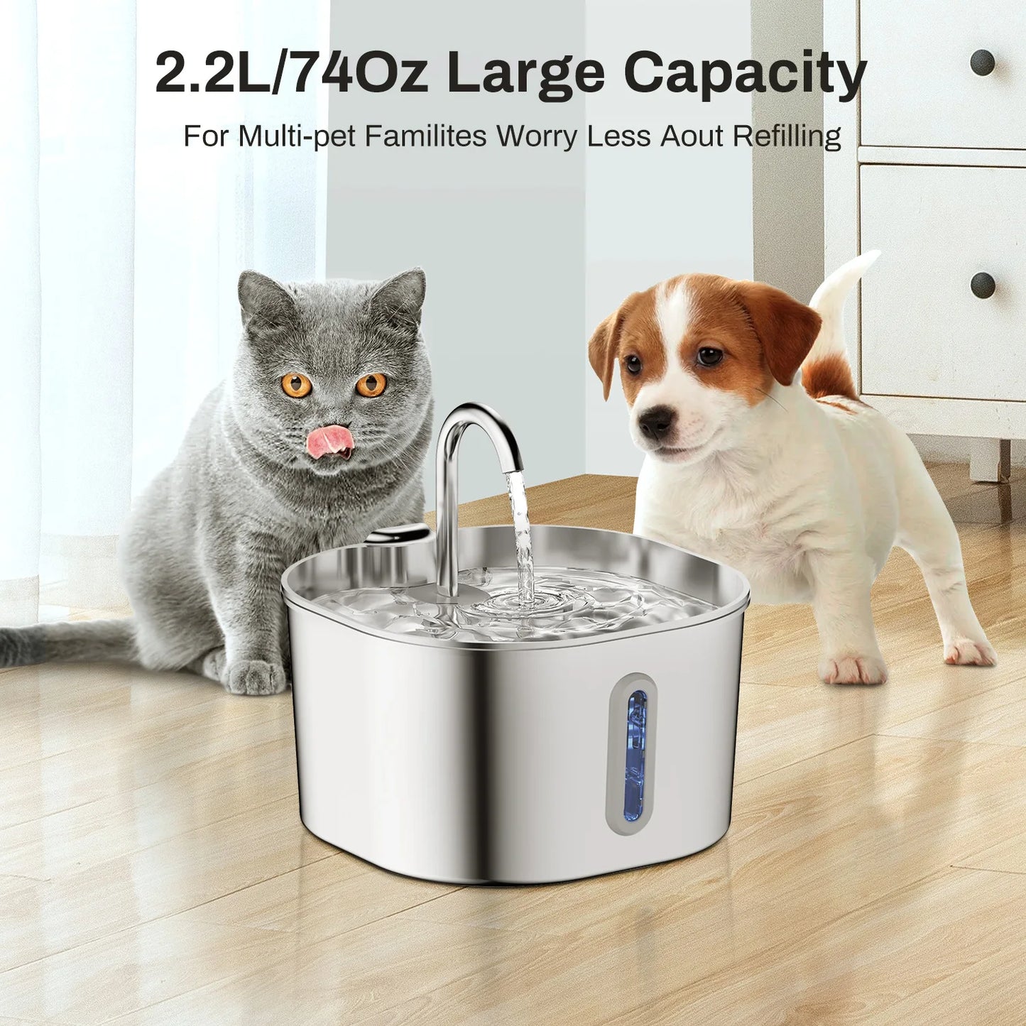 Stainless Steel Automatic Cat Dog Water Fountain With Transparent Window