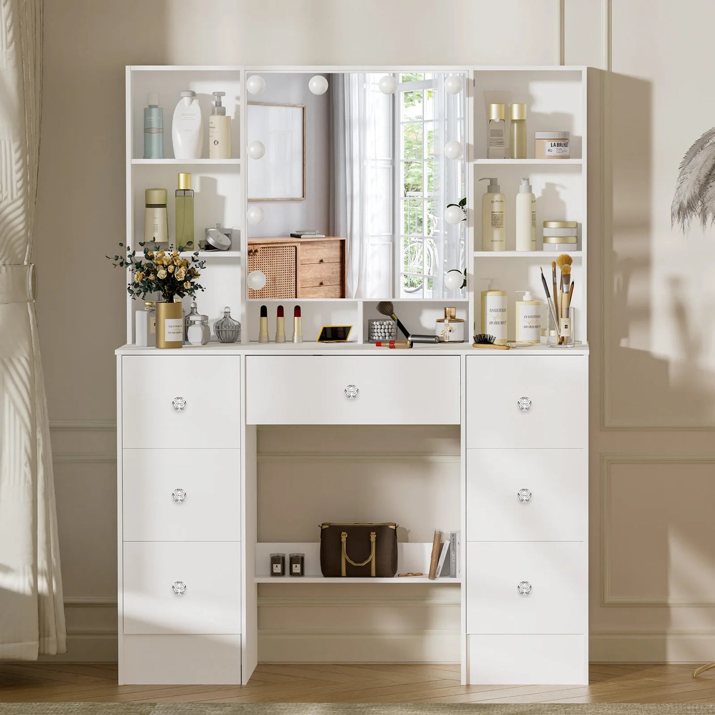 Teousev 7 Drawer Vanity Dressing Table with LED Mirror