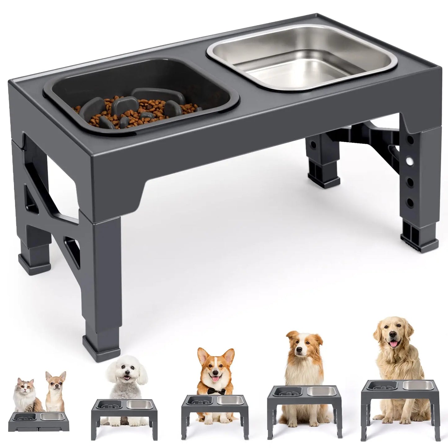 Elevated Slow Feeder Dog Bowls Adjustable Stainless Steel Food Water