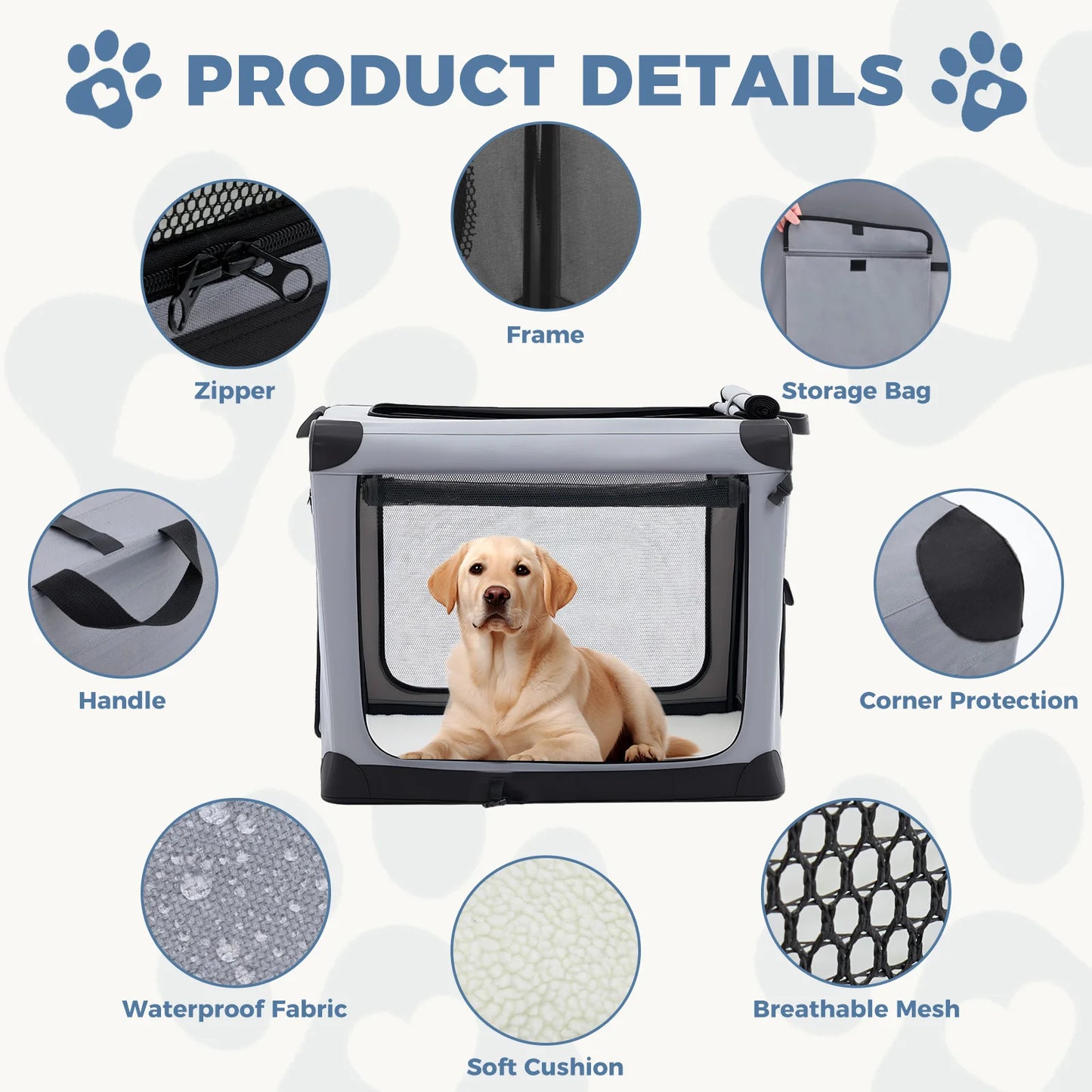 JHK Foldable Soft Dog Crate Portable Kennel Three Indoor Doors