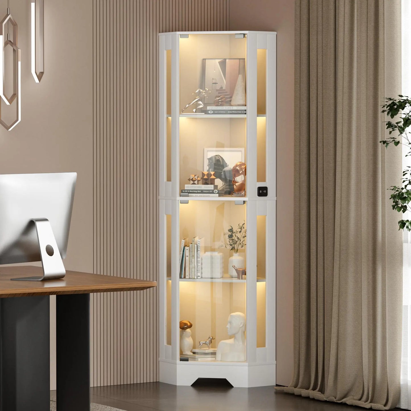 HiMISS Modern Glass Corner Display Cabinet With Lighted Shelves