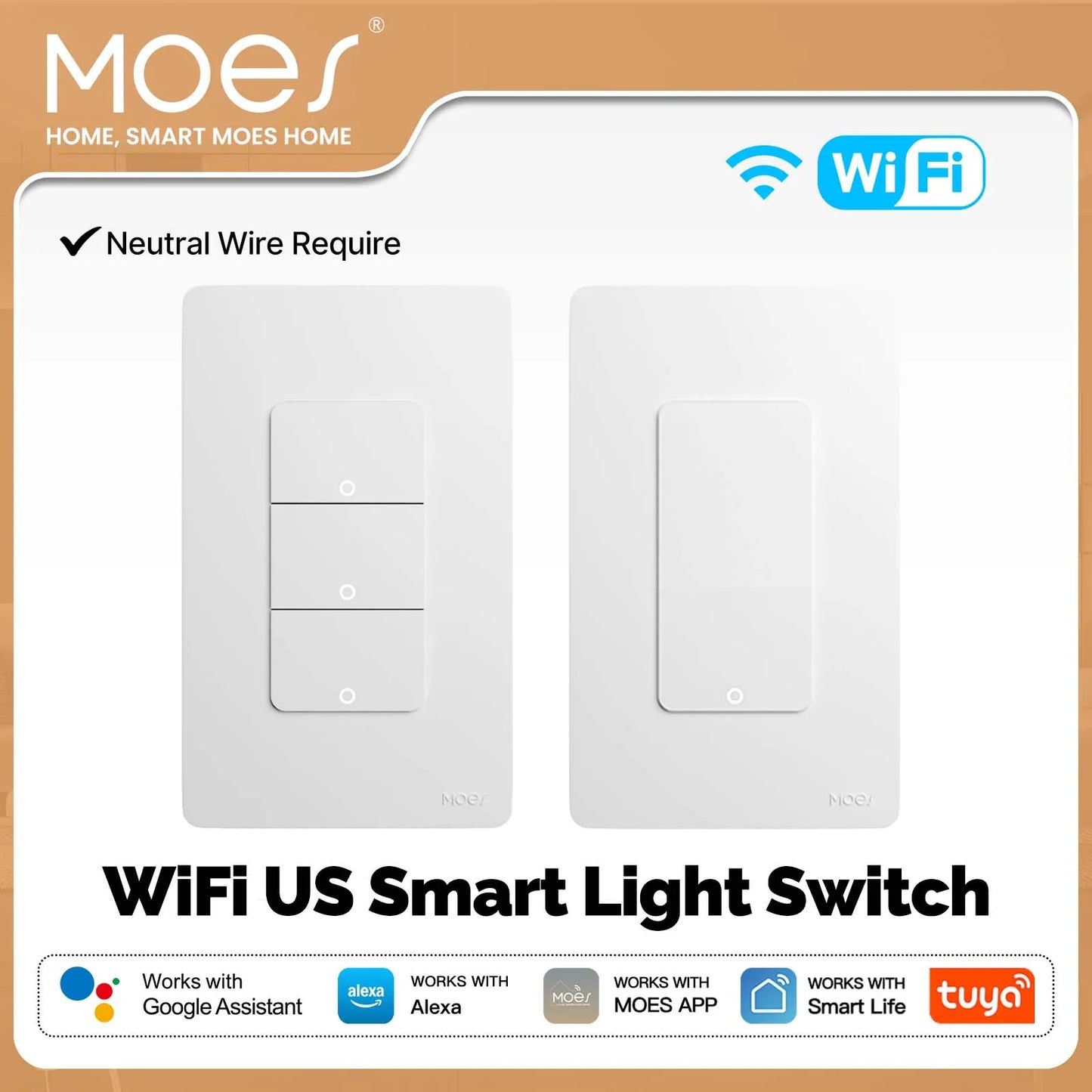 Moes Tuya Wi Fi Smart Push Button Wall开关 For Alexa And Google Home