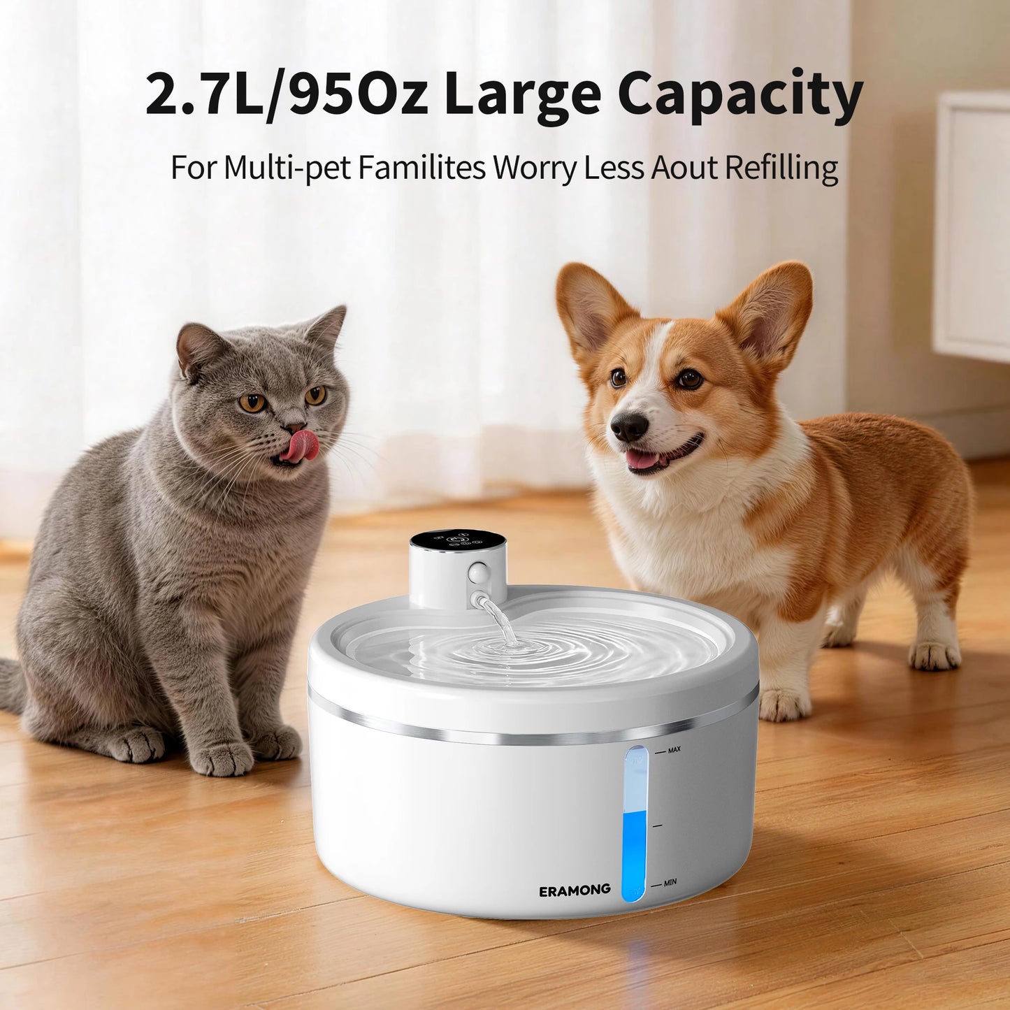 Eramong 2.7L Wireless Intelligent Cat Water Fountain With Battery
