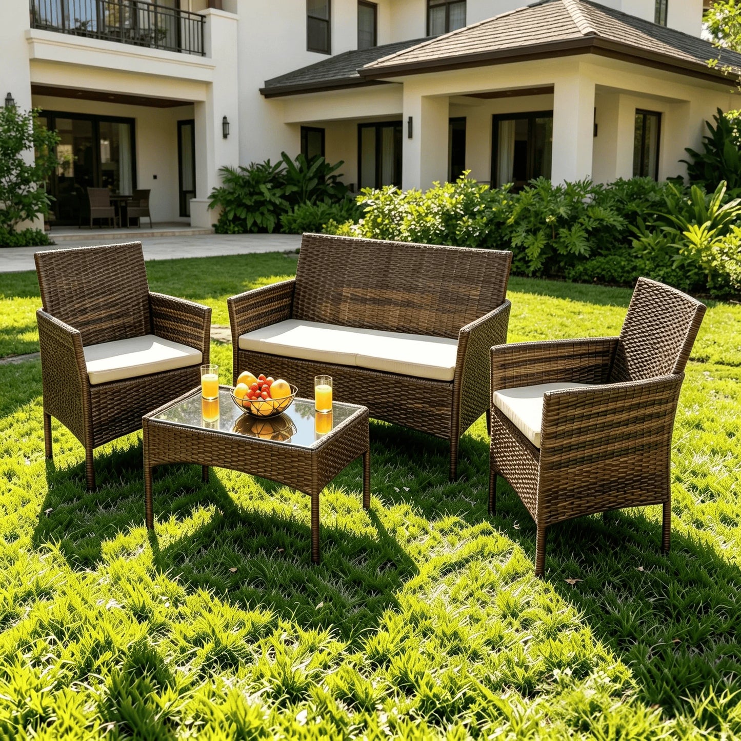 Brown Outdoor Rattan 4 Piece Patio Conversation Set With Glass Table