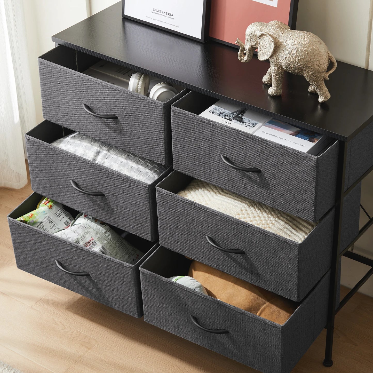 JHK 6 Fabric Drawers Nightstand Bedside Storage Table Bedroom Furniture