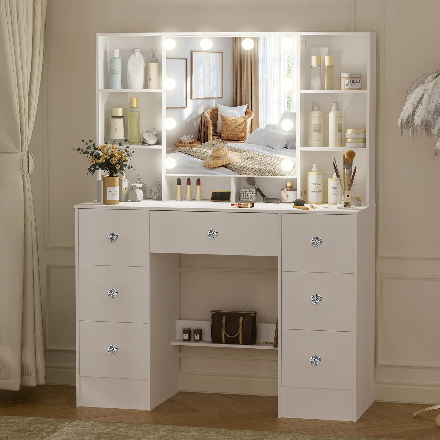 Teousev 7 Drawer Vanity Dressing Table with LED Mirror