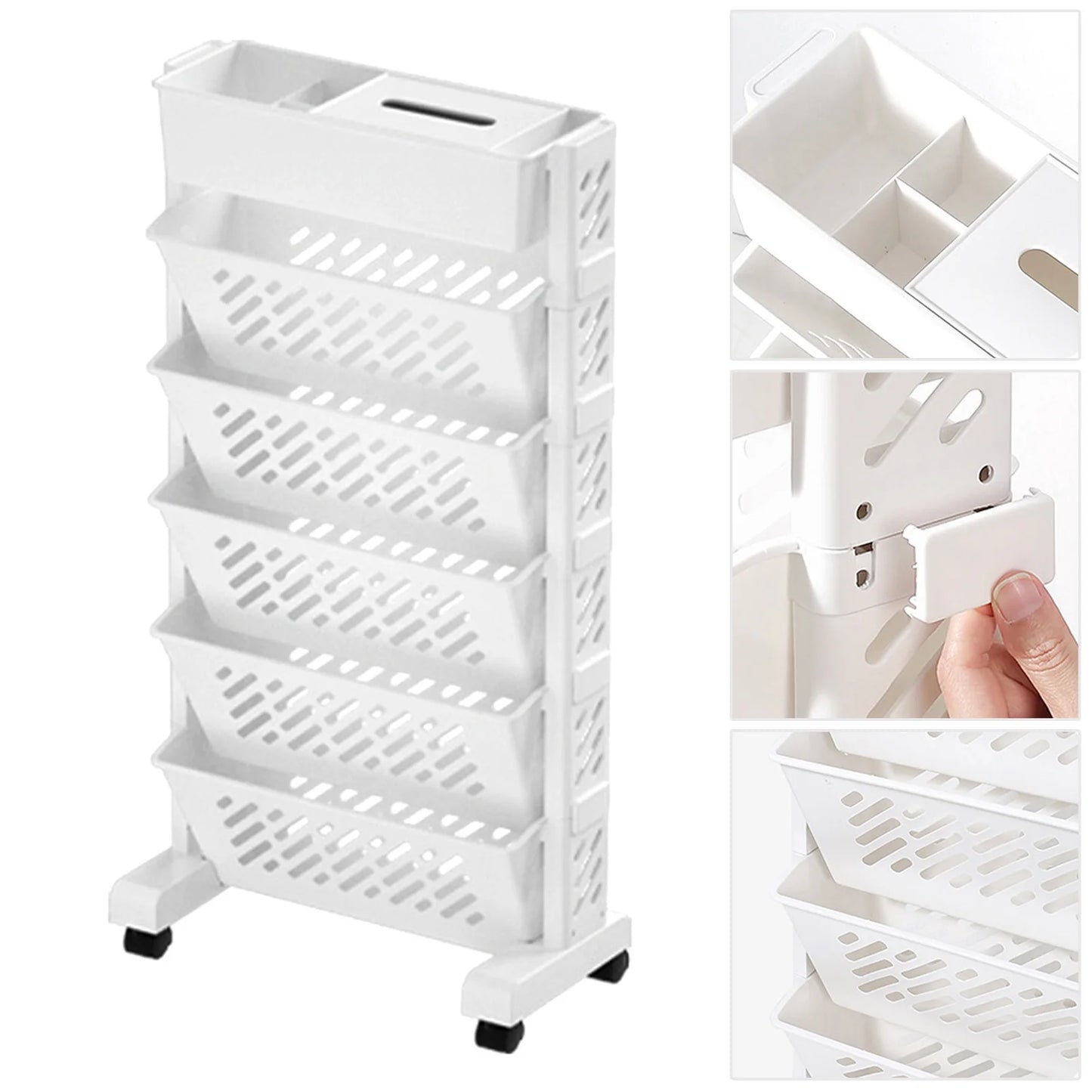 Plastic Rolling Bookshelf Movable Rotatable Storage Rack For Home Office