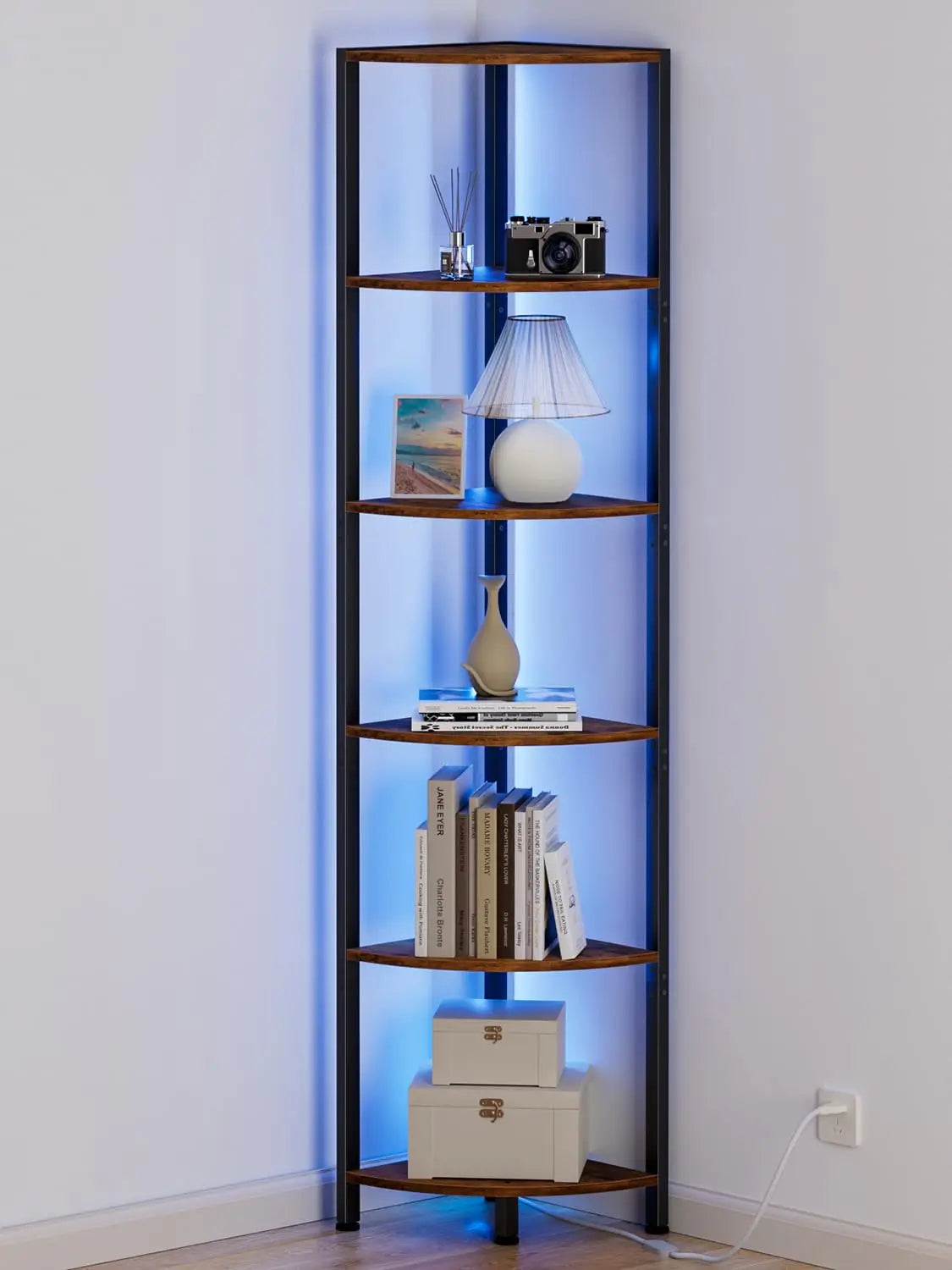 XIUWO Wooden Corner Shelf With LED Light Storage Bookshelf Organizer
