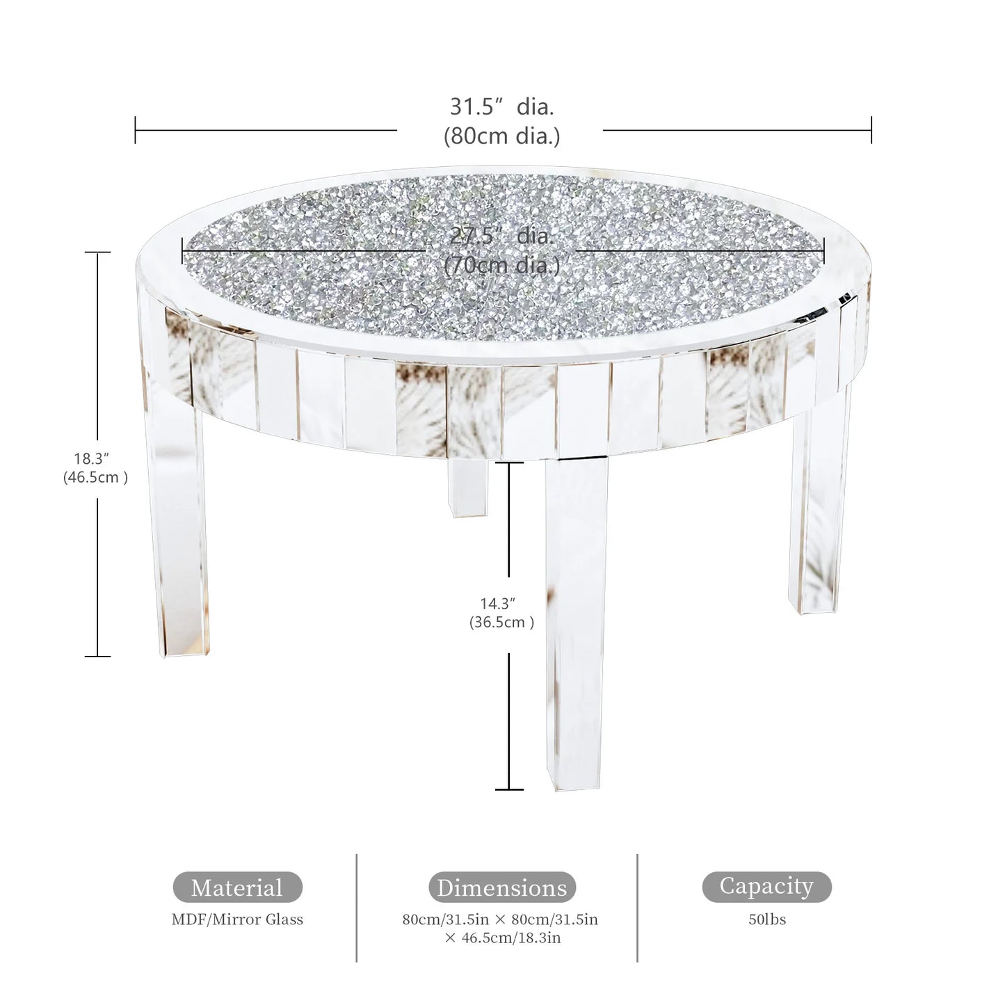 Mirrored Crystal Inlay Coffee Table Modern Round Glass Living Room