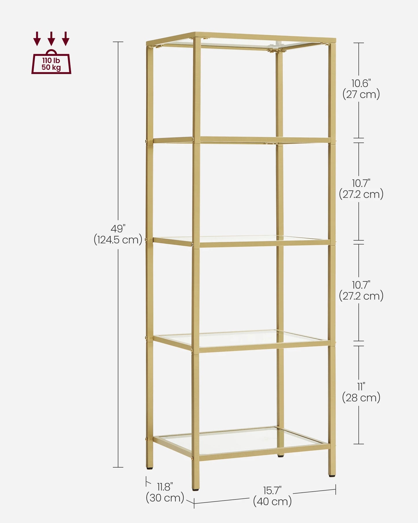 VASAGLE 5-Tier Bookshelf With Tempered Glass And Steel Frame