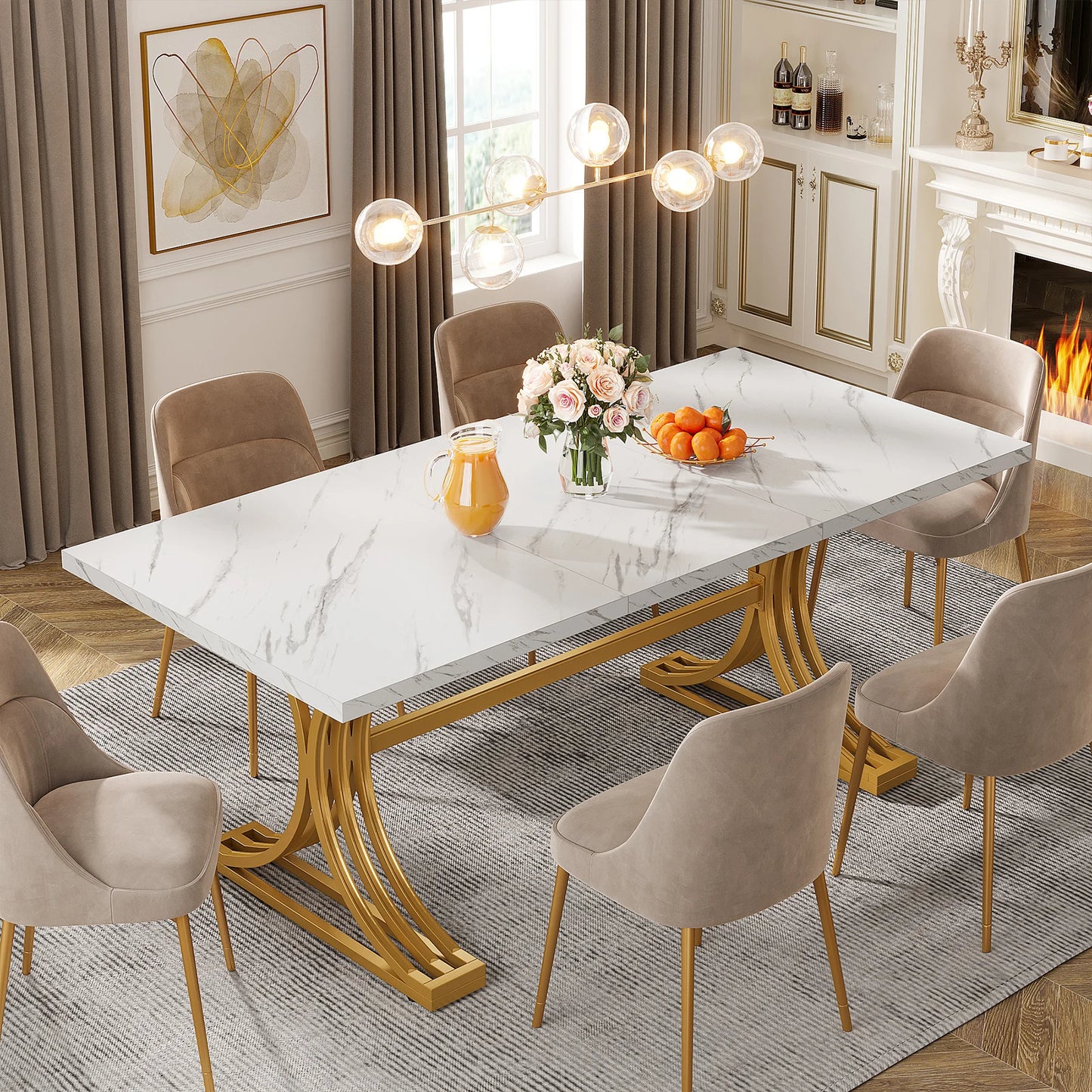 Tribesigns Modern Rectangular Kitchen Dining Table With Faux Marble Top