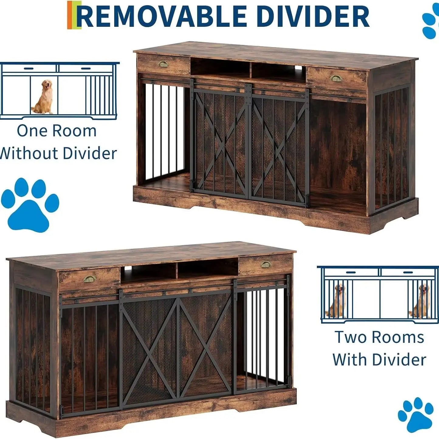 Large Wooden Double Dog Crate Furniture With Divider And Storage
