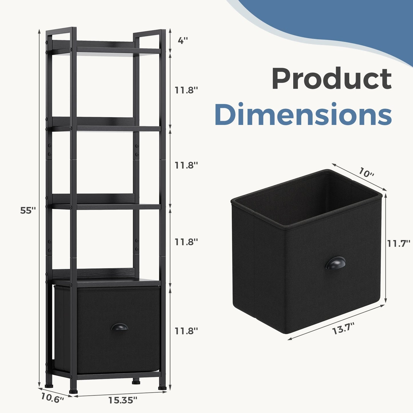 MCQ 5 Tier Bookshelf With Fabric Drawer Wood And Metal Organizer