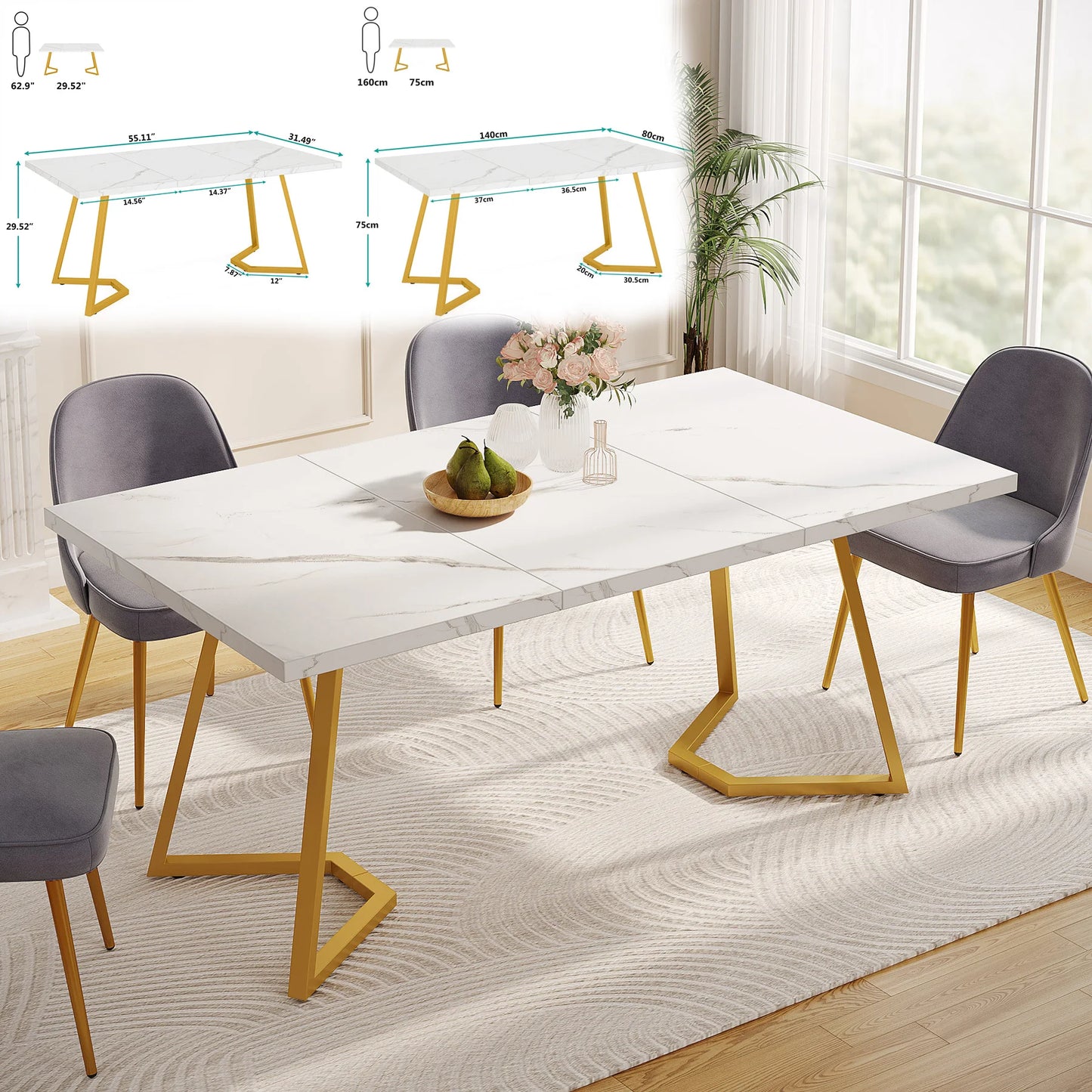 Tribesigns Modern Rectangular Kitchen Dining Table With Faux Marble Top