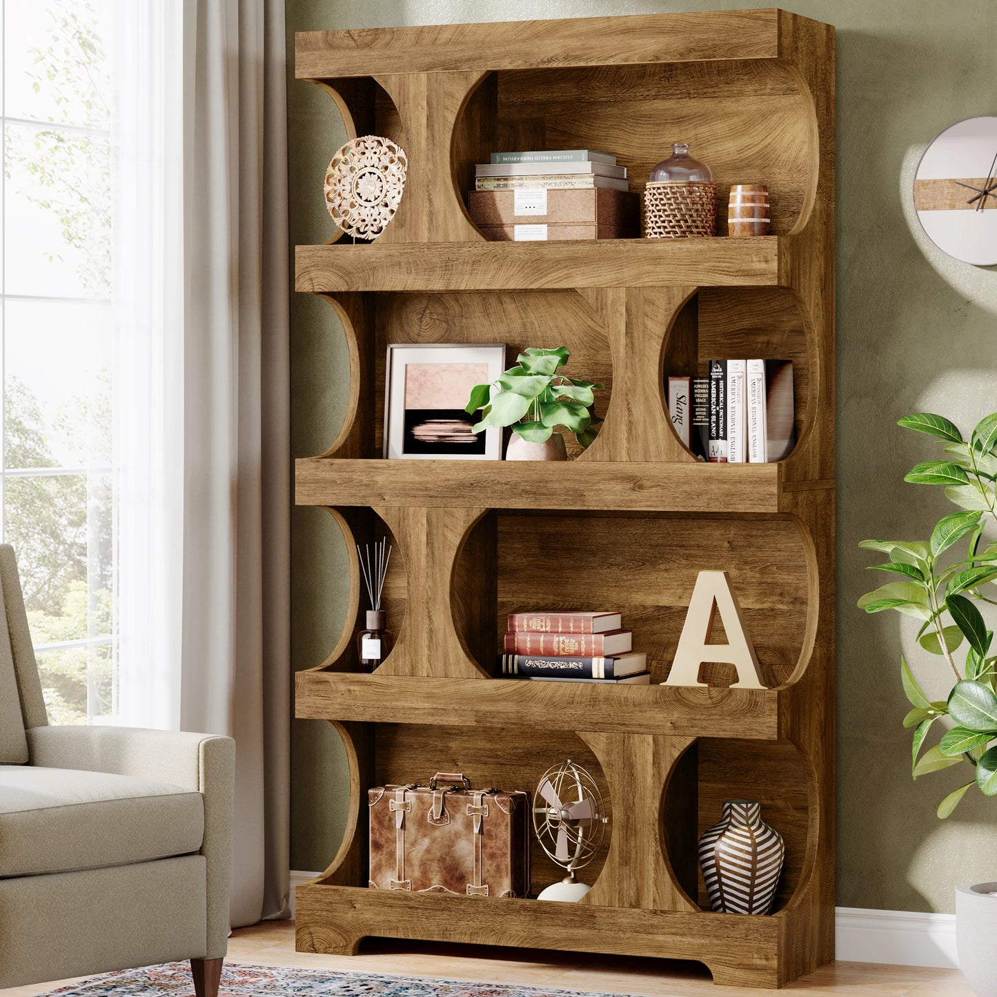 Tribesigns Freestanding Wooden Bookcase S Shaped Storage Display Shelving Unit