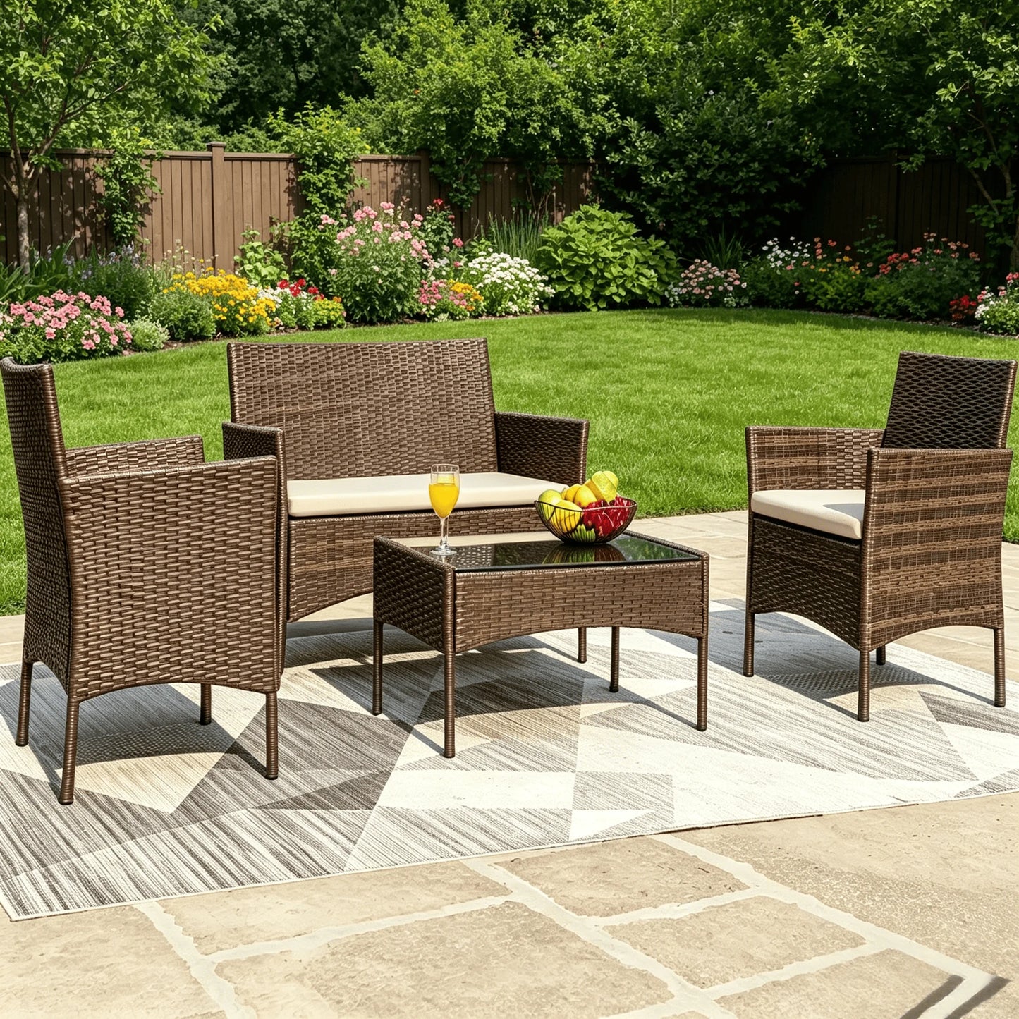 Brown Outdoor Rattan 4 Piece Patio Conversation Set With Glass Table