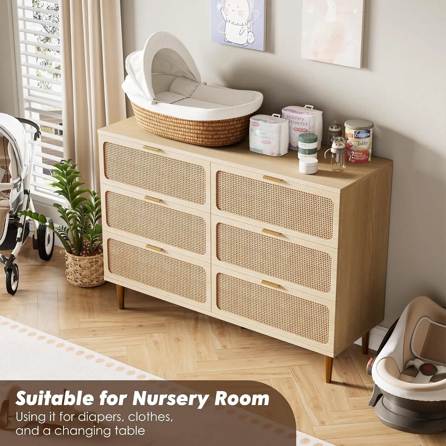 Natural Rattan Six Drawer Wooden Dresser Storage Cabinet