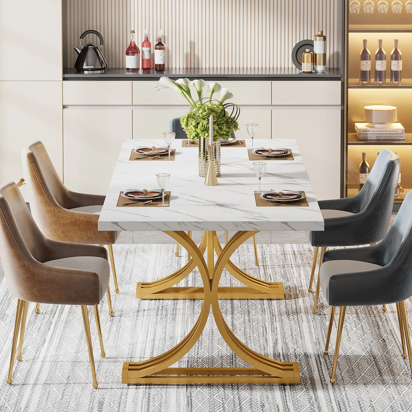 Tribesigns Modern Rectangular Kitchen Dining Table With Faux Marble Top