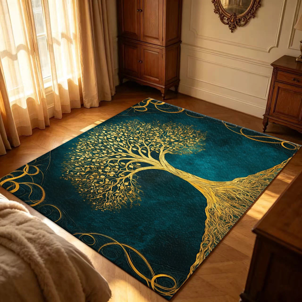 Magical Golden Tree Of Life Decorative Bedroom Rug