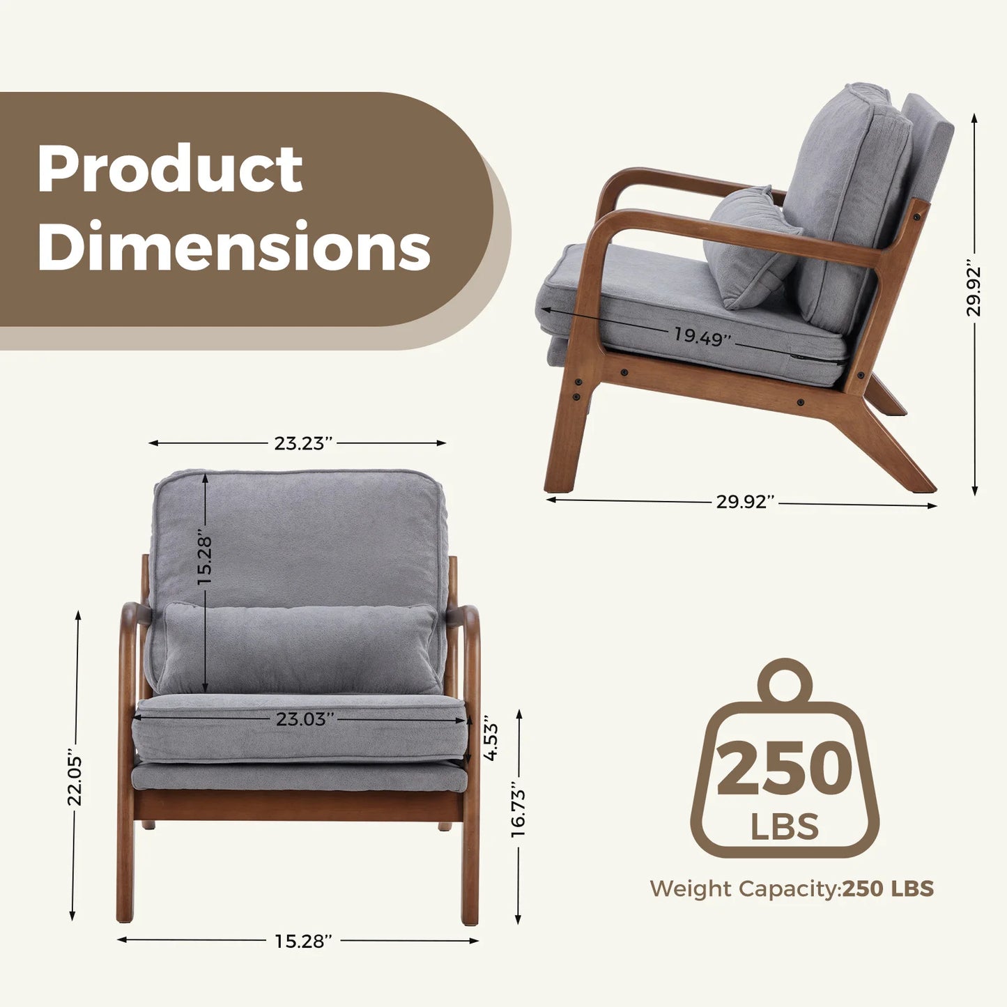 JHK Mid Century Modern Solid Wood Armchair With Upholstered Cushion