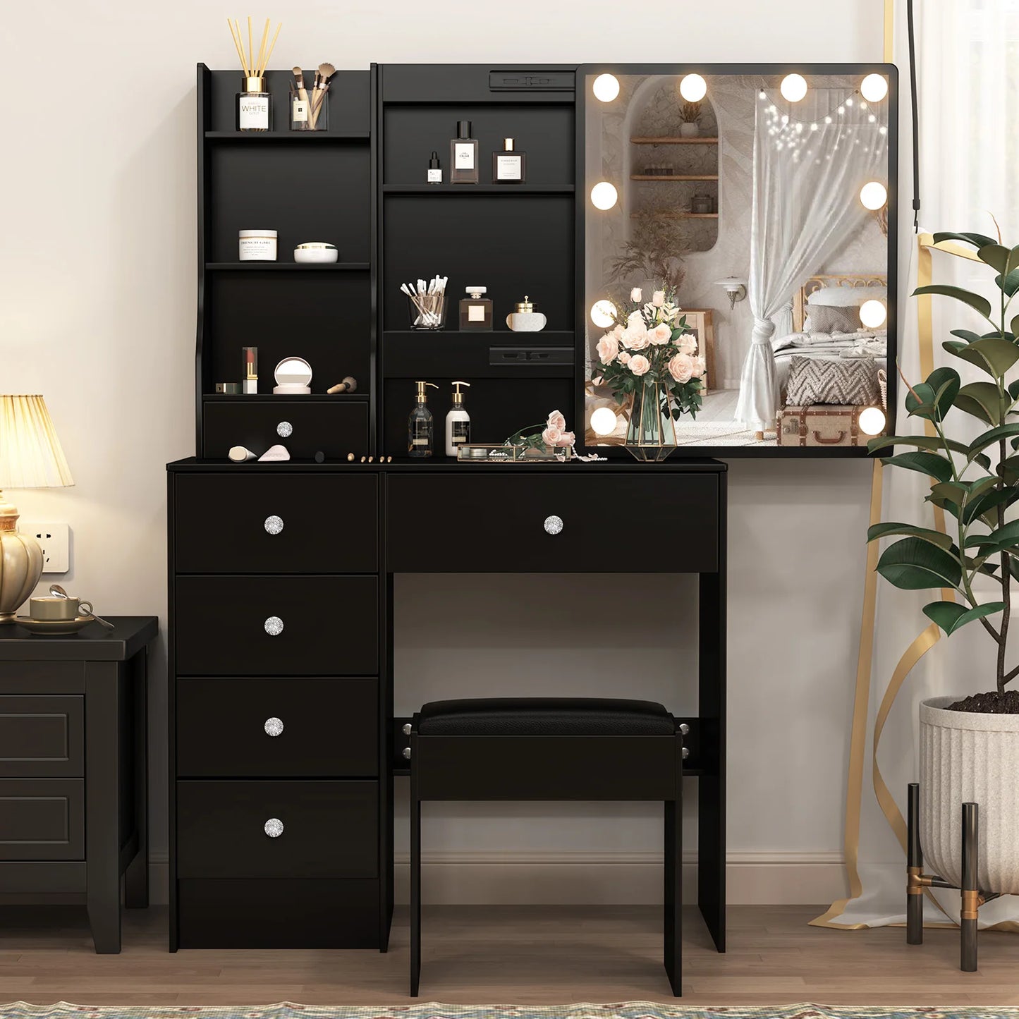 Rustic Wooden Makeup Vanity With Lit Mirror And Drawers