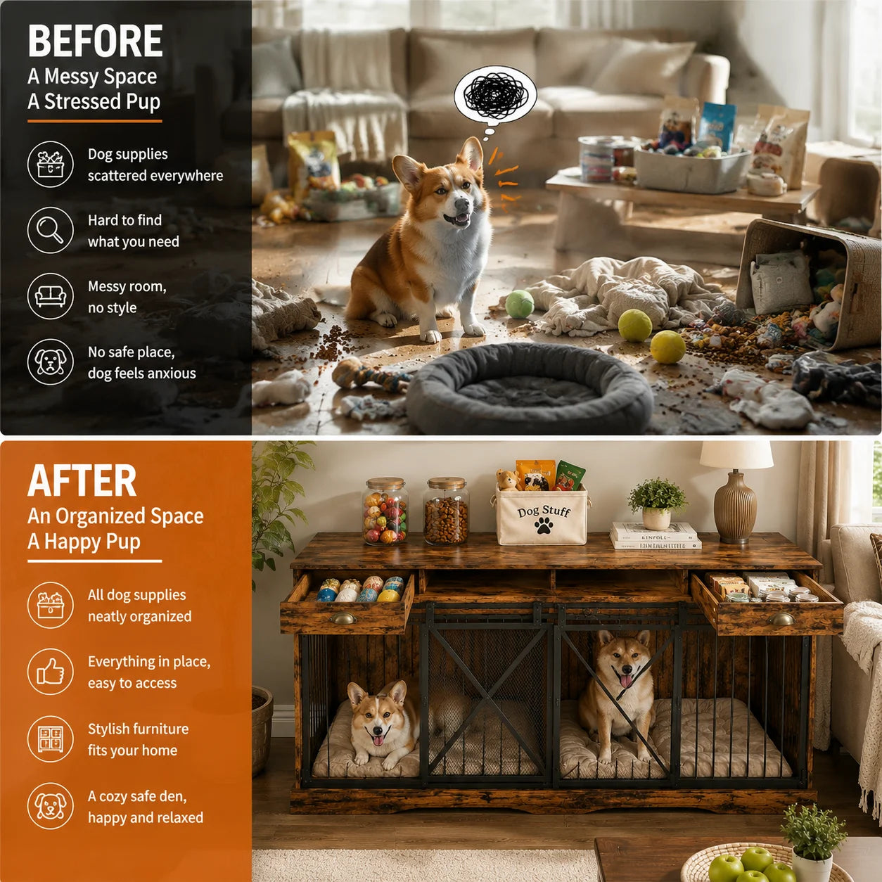 Large Wooden Double Dog Crate Furniture With Divider And Storage