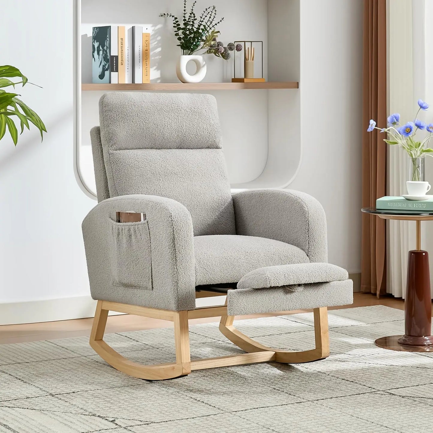 Modern Teddy Upholstered Rocking Chair With Footrest And Side Pocket