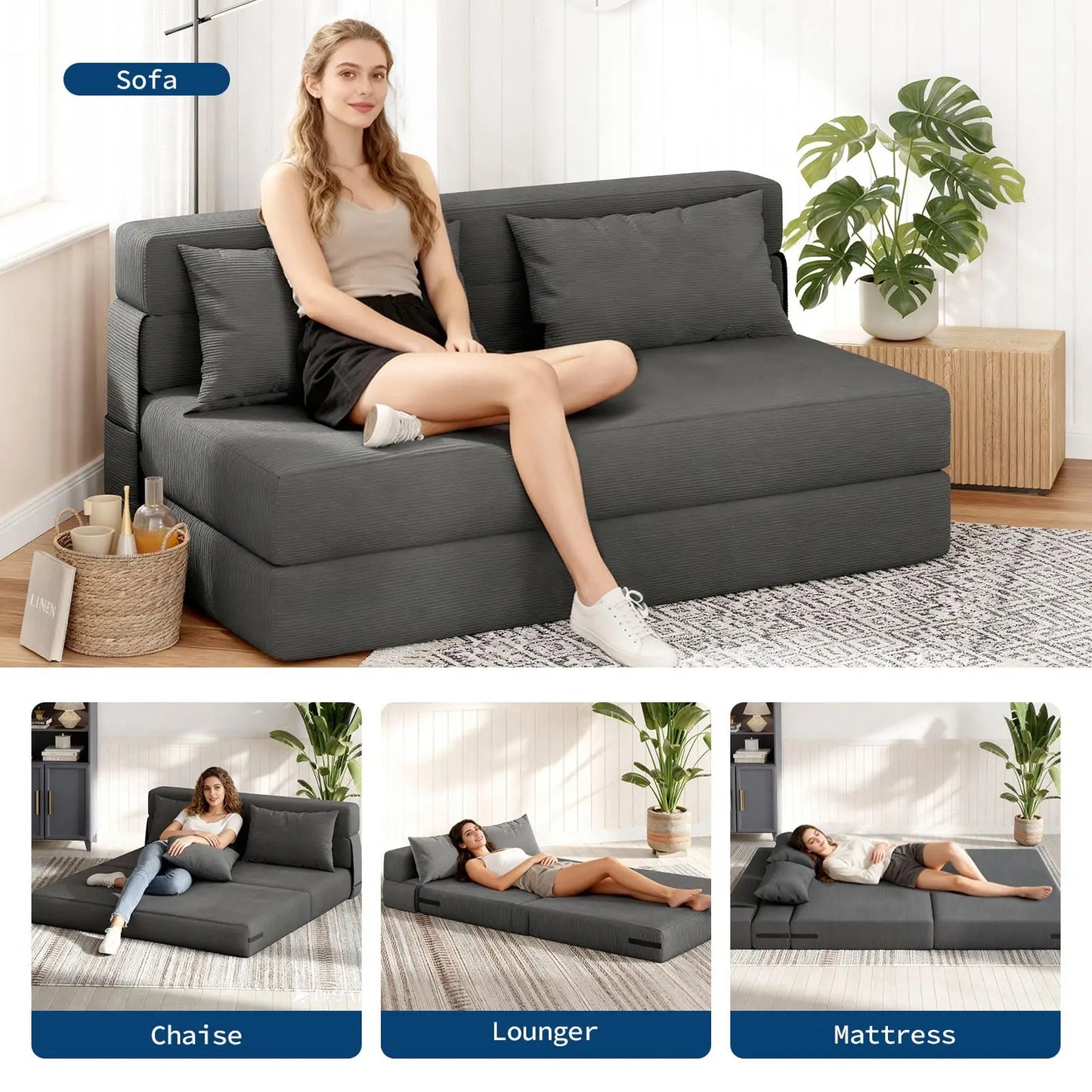 HobbyLane 4in1 Folding Sofa Bed Convertible Soft Corduroy Sleeper Loveseat