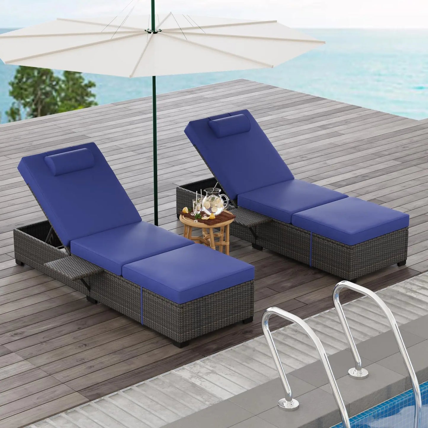 Modern Outdoor Rattan Chaise Lounge Set With Washable Cushions