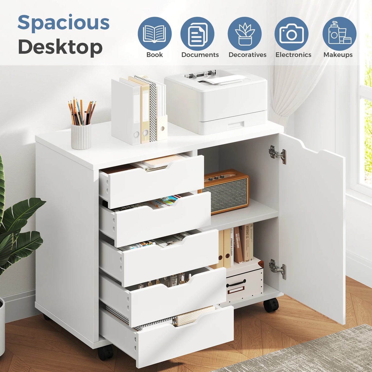 JHK Wood 5 Drawer Cabinet Organizer With Wheels