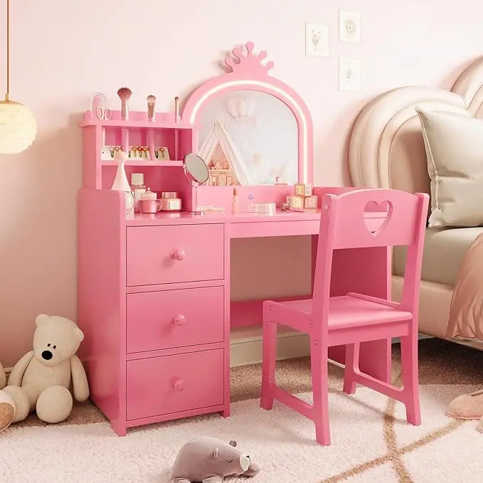 HiMiss Kids Vanity With Lights And Chair For Girls