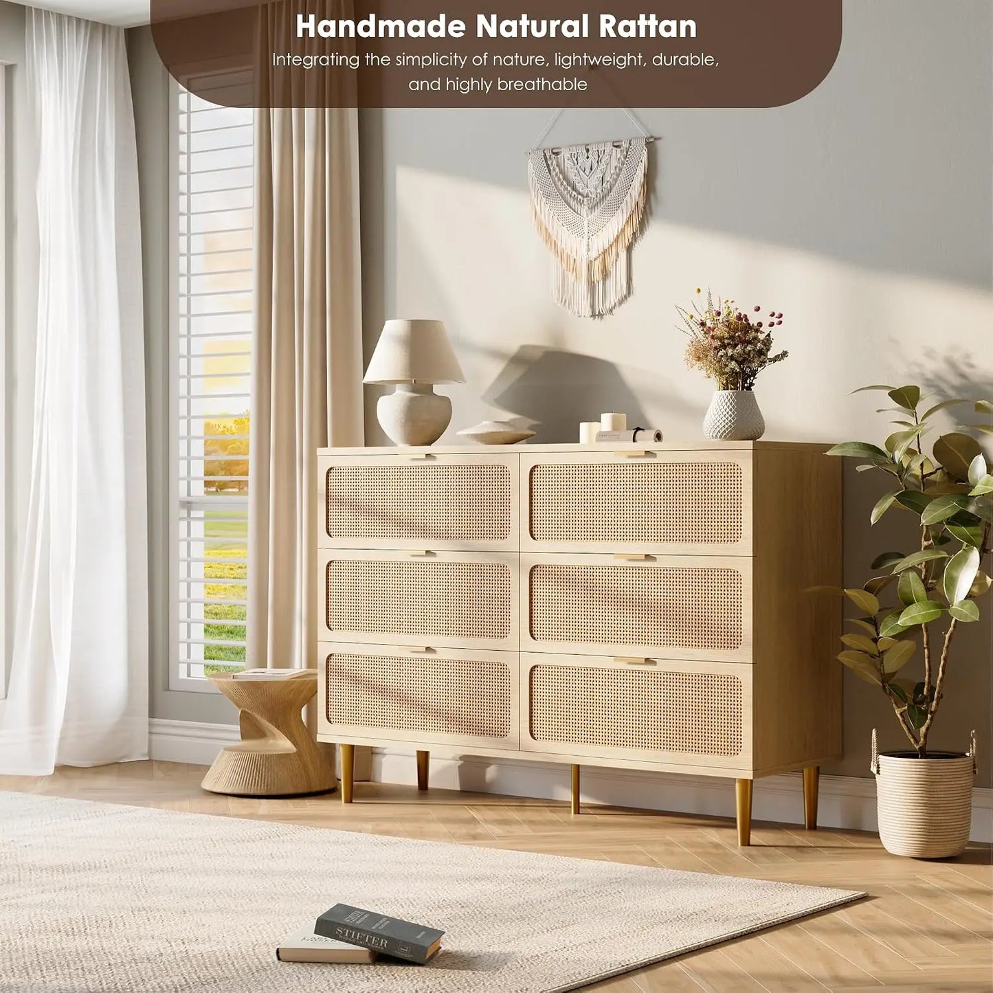 Natural Rattan Six Drawer Wooden Dresser Storage Cabinet