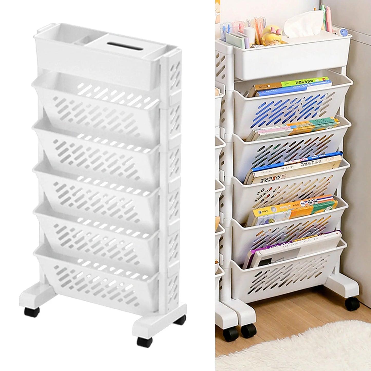 Plastic Rolling Bookshelf Movable Rotatable Storage Rack For Home Office