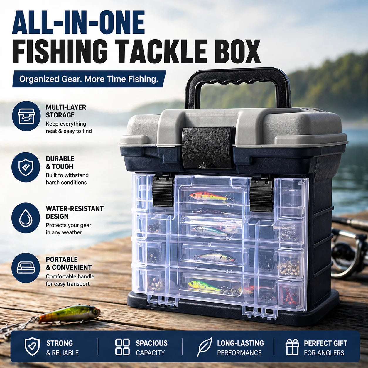 Multi Functional Fishing Handheld Storage Box With Adjustable Dividers
